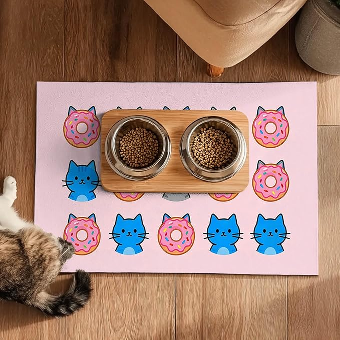 Cat Feeding Mat 24x16 inch Donut Cat Print Pet Bowl Placemat Non Slip Floor Mat for Food and Water Indoor Kitty Feeding Station Cute Meal Pad for Small Pets Kitchen Use