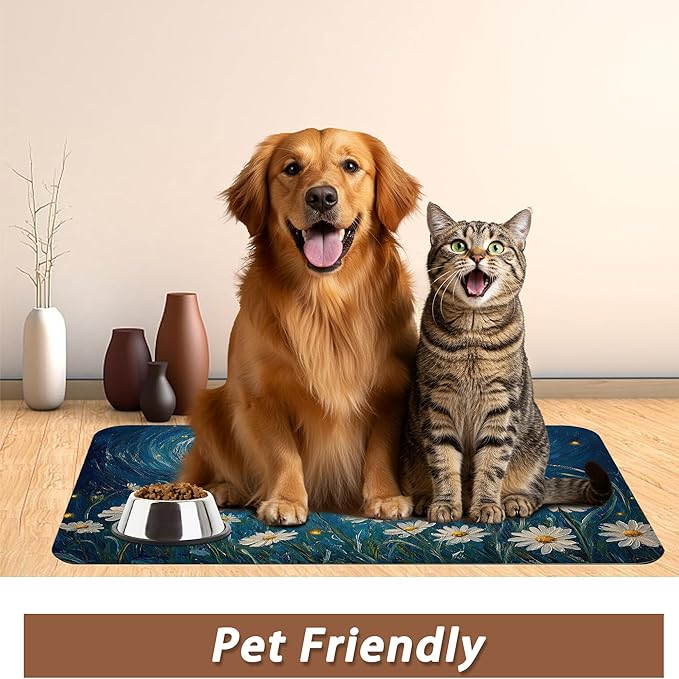 Starry Night Pet Feeding Mat,Moon Daisy Flower Absorbent Quick-Dry Cat Dog Food and Water Bowl Mats,Non-Slip Rubber Backing Mat,Cat Dog Accessories Supplies 12"x20"
