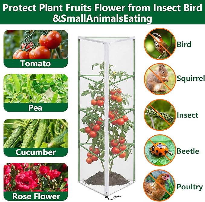 2 Pcs Garden Bird Netting for Triangle Plant Cage, 59" x 20" x 20" Tomato Cage Garden Net Cover with Zipper, Tomato Trellis Insect Bird Barrier Protection Mesh for Vertical Climbing Plant Vegetable