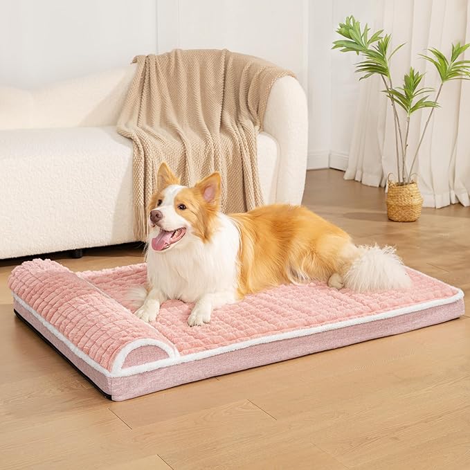 Orthopedic Jumbo Dog Bed Large Sized Dog with Pillow 56''X40'' Waterproof Soft Comfortable Egg Crate Foam Pet Crate Beds Mat with Removable Washable Cover and Non-Slip Bottom, Pink