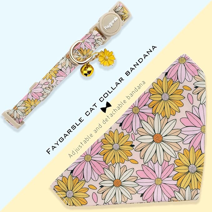 Faygarsle 2 Pack Floral Cat Collar Set with Bandana and Bow Tie, Pink and Yellow Daisy Pattern, Breakaway Safety Buckle