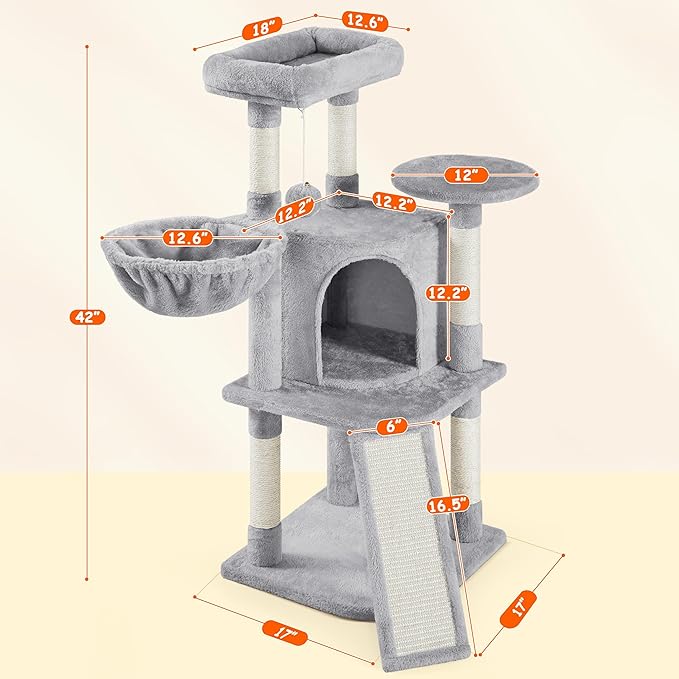 Yaheetech Cat Tree, 42in Cat Tower for Indoor Cats, Pet House with Large Perch & Scratching Posts & Cozy Condo & Scratching Ramp, Cat Activity Center Furniture, Light Gray