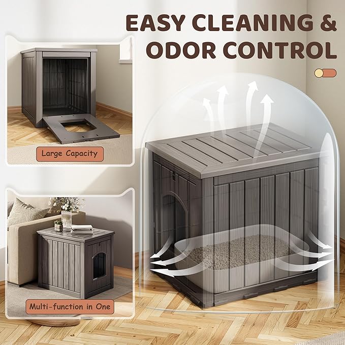 Litter Box Enclosure, Waterproof & Weatherproof Plastic Cat House for Indoor Outdoor Use, Multi-Functional Hidden Litter Box Furniture for Living Room, Backyard, Patio, Garage