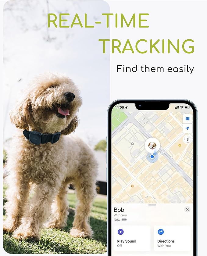 Dog Tracker, Smart Dog Collar with Real-time Pet Location, Cat Tracker Collar (iOS Only), No Monthly Fee & Long Battery Life, Works with Find My, Ideal for Dog/Cat