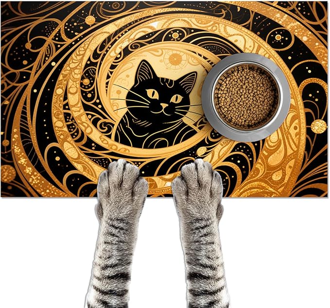 Cat Feedings Mats 20x12 inch Golden Cat Print Pet Bowl Placemat Non Slip Mat for Cats Food and Water Indoor Kitty Feeding Station Elegant Cats Meal Mat for Small Pets Kitchen Floor Use