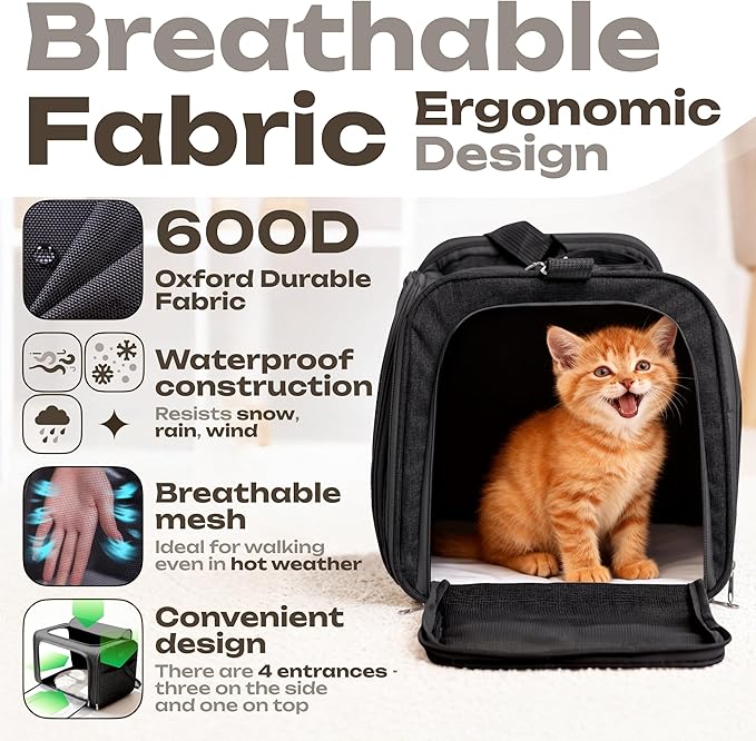 Airline Approved Medium Pet Carrier for Cats & Dogs – Foldable Dog Bag with Soft Mat, Breathable Mesh Windows, Travel-Ready Cat Carrier (Up to 15 lbs, Black)
