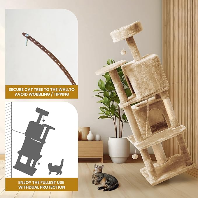 56-Inch Cat Tree for Large Cats, Multi-Level Cat Tower with 2 Condos, Sisal Scratching Posts & Hanging Toys – Sturdy Cat Furniture for Indoor Cats, Space-Saving Design (Easy Assembly), Beige