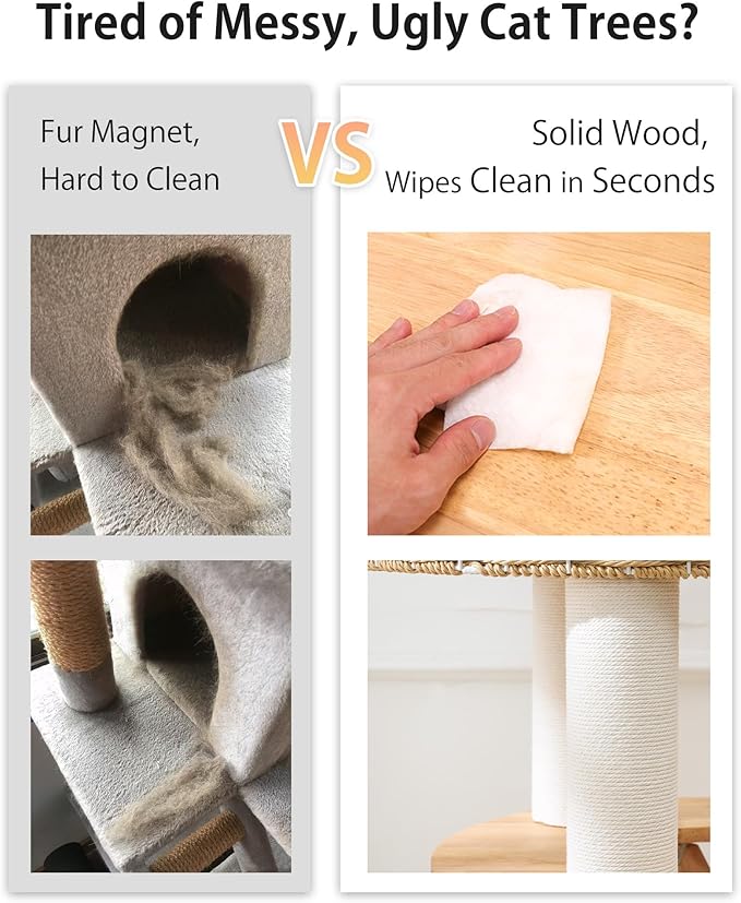 Wood Cat Tree for Large Cats, Modern Cat Tree Tower with Wide Shelves Cotton Scratching Posts, Super Sturdy Base, Cozy Perches, and Interactive Toys for Indoor Kittens 31-Inch