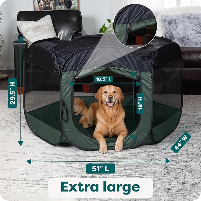 FurHaven Portable Pet Playpen for Dogs & Cats, Foldable Indoor Kitten Playpen with Mesh Sides, Pop Up Travel Dog Pen, X-Large, Hunter Green