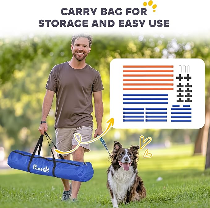 PawHut Adjustable Dog Agility Training Equipment, Dog Agility Course Backyard Set with Weaves Poles, Carry Bag and Ground Stakes for Pet Park Games Exercise