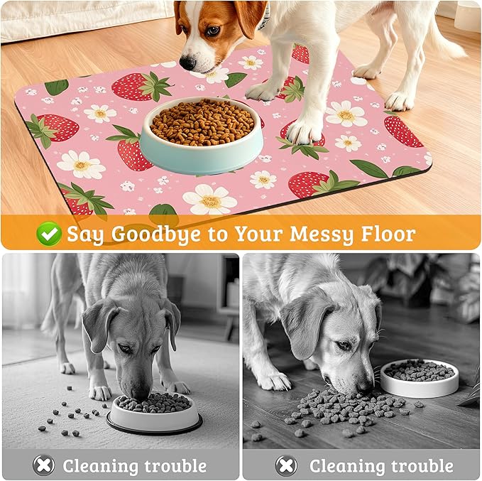 Dog Bowl Mat,Strawberry Pet Feeding Mat for Floors Waterproof,White Daisy Absorbent Dogs Placemat for Food and Water Quick Dry Pet Cat Feeding Mats with Non Slip Bottom 12" x 20"