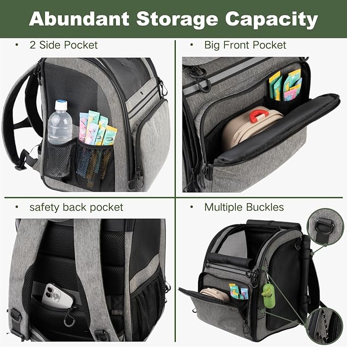 Premium Dog & Cat Carrier Backpack for Travel, Hiking & Vet Visits - Solid Durable Pet Backpack with Breathable Mesh, Safety Strap, Anti-Anxiety Curtain & Storage Pockets, Gray