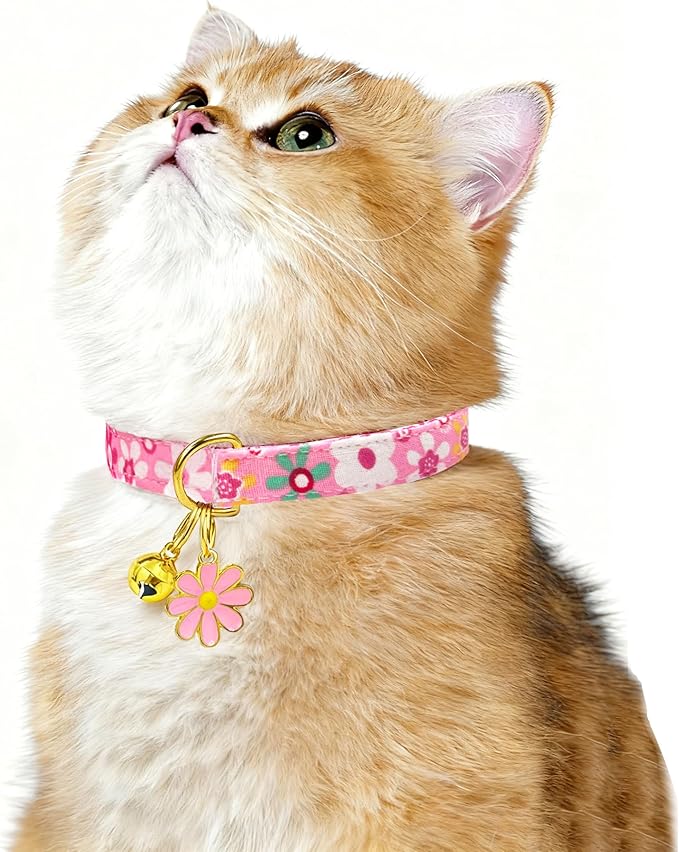 2 Pack Cotton Breakaway Cat Collars Set with Bell and Flower Pendant, Cute Floral Fruit Patterned, Adjustable 7.5-11Inch, Include A Mouse Toy Gift (Flower+Geometry)