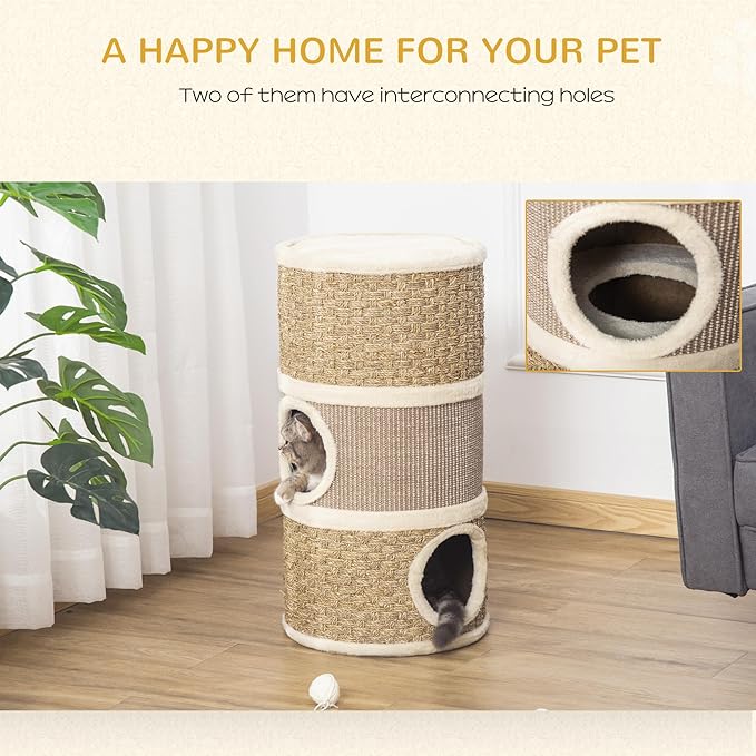 PawHut 28 Inch Cat Condo, 3 Story Cat Hideaway with Sisal Scratching Pad, Barrel Shaped Small Cat Tree for Indoor Cats, Khaki and Brown