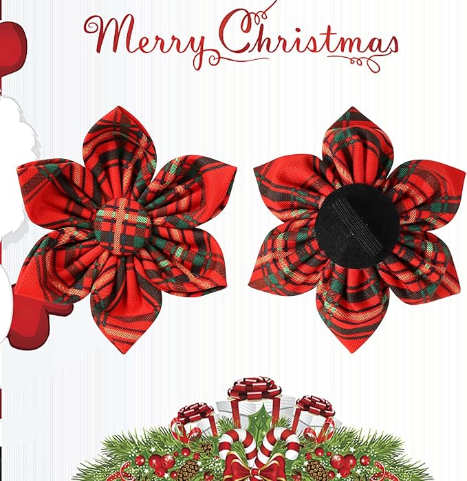 Christmas Dog Collar with Flower, Cotton Christmas Plaid Collar for Medium Girl Boy Dog,Red &Green Plaid Dog Collar Bowtie with Durable Metal Buckle,Adorable Pet Collar,M,Neck 13.5-22in