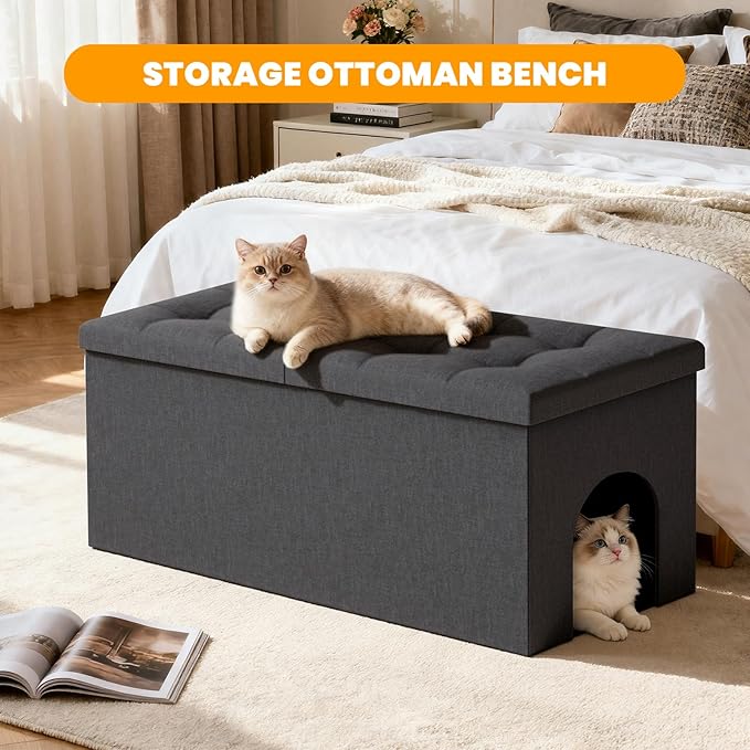 3-in-1 Cat Litter Box Enclosure with Odor Control, Multi-Functional Hidden Litter Box Furniture Bench, Dog Proof, Space-Saving Ottoman Cabinet with Flip-Up Lid, Extra Large, Dark Grey