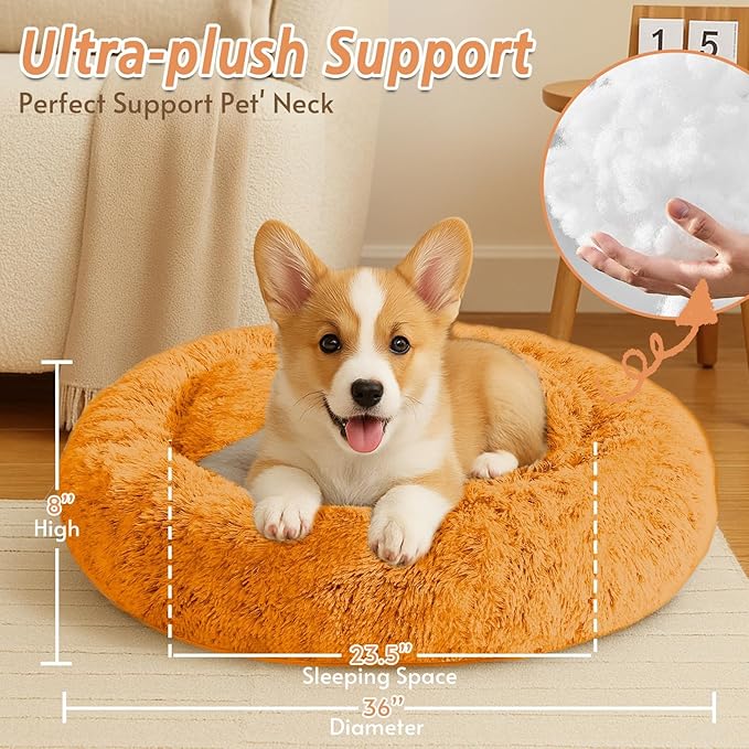 JOLLYVOGUE Calming Dog Bed Large Size Dog, Anti-Anxiety Donut Large Pet Bed, 36 inches Fluffy Faux Fur Round Cat Bed, Fits up to 75 lbs Pets (Orange)