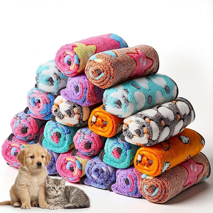20 Pcs Puppy Blanket Bulk Soft Fluffy Flannel Pets Fleece Blankets for Small Dogs Throw Warm Bed Washable Sleep Mat Bed for Shelter Stray Dog Puppy Cat, 16x24 Inches