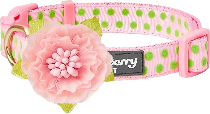 Blueberry Pet Adjustable Flocking Dog Collar with Silk Flower, Polka Dot in Baby Pink, Large - Dog Collars for Small Dogs, Girl Dog Collars, Pink Dog Collar, Neck 18-26"