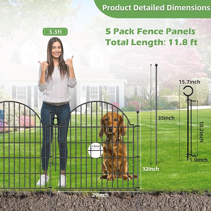 Decorative Metal Garden Fence with Gate Lock 5 Panels, 32in (H) x 11.8ft (L) No Dig Dog Fence Outdoor for Yard, Temporary Rustproof Metal Wire Rabbit Dog Garden Border Fencing for Patio
