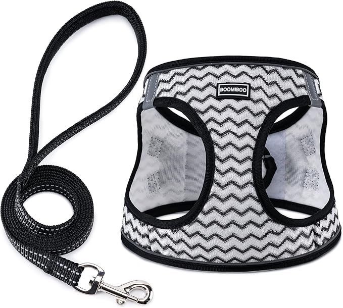 BOOMIBOO Dog Harness with Leash Set, No Pull Adjustable Reflective Step-in Puppy Pet Vest Harnesses for Small Medium Large Dogs and Cats,White Stripe XS