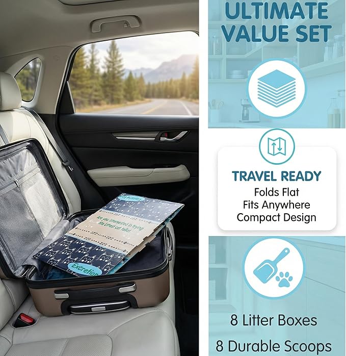 Hiceeden 8 Pcs Disposable Litter Box for Cats, 16.9" x 12.4" x 5.4" Travel Cat Litter Boxes with Disposable Scoops, Portable Cardboard Litter Box with Double Waterproof Coating, Blue