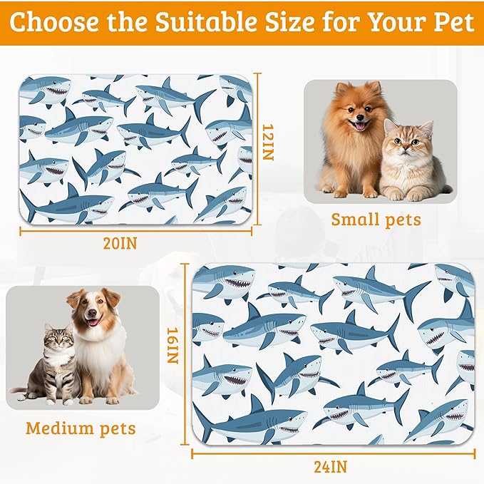 Shark Dog Food Mat,Wild Fish Absorbent Pet Feeding Mat for Food and Water Bowl,Quick Dry Dog Placemat Non Slip Rubber Backing Waterproof Pet Supplies 12" x 20"