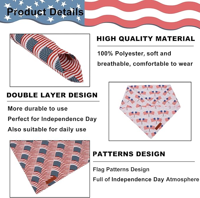 ADOGGYGO American Flag Dog Bandana 2 Pack, Reversible White Red USA Flag Pet Scarf Bib, Adjustable Fit 4th of July Bandanas for Medium Large Dogs Pets (Large)
