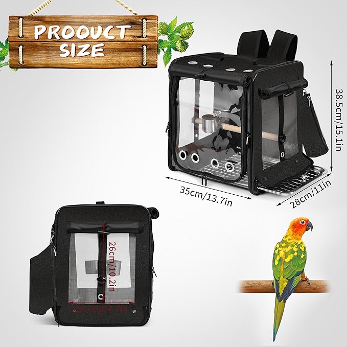 Suertree Bird Carrier with Seat Belt for Car Travel, Bird Backpack Carrier with Indestructible Stainless Steel Mesh, Large Bird Carrier Travel Cage, Black