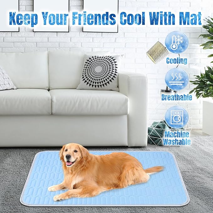 Self Cooling Dog Mat for Large Dogs - Ice Silk Pet Cooling Pad 35"x55" (90x140cm), Machine Washable, Non-Slip for Crate/Car/Floor, Summer Relief Indoor & Outdoor Use (Blue)