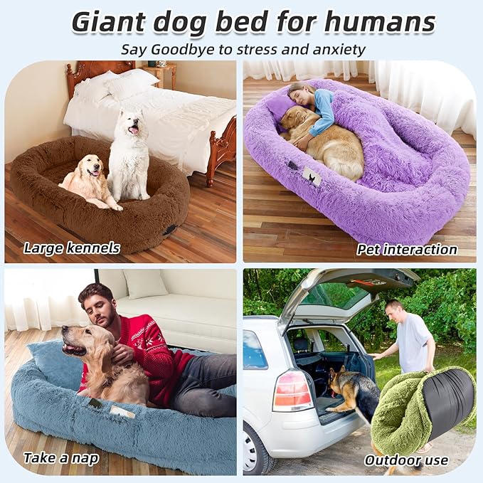 Human Dog Bed, 71''x45''x12'' Size Fits You and Pets, Washable Faux Fur Pet Bed for People Doze Off, Napping Orthopedic Dog Bed, Present Plump Pillow, Blanket, Strap - Coffee