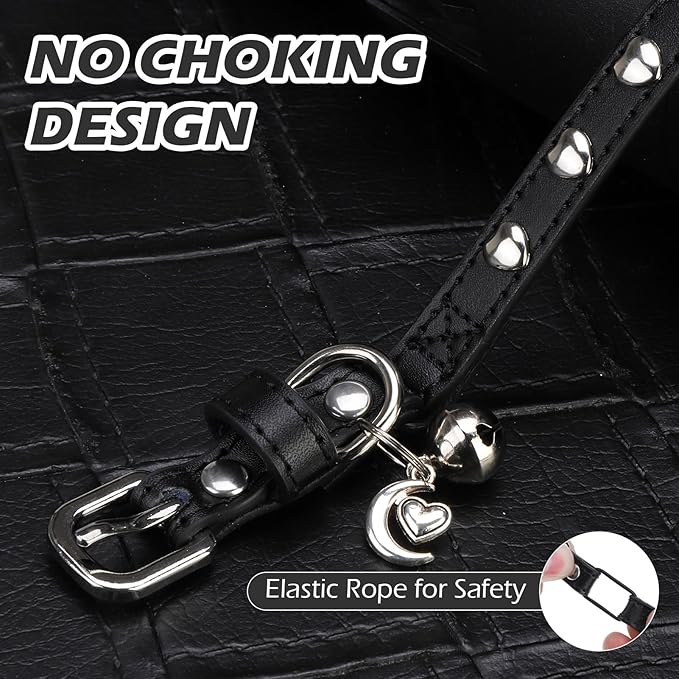 EXPAWLORER Leather Cat Collar for Girl Boy- Adjustable Pet Collar with Safety Elastic Belt,Personalized Heart Accessories Buckle Collars with Bell & Durable D-Ring,Heart (Black)
