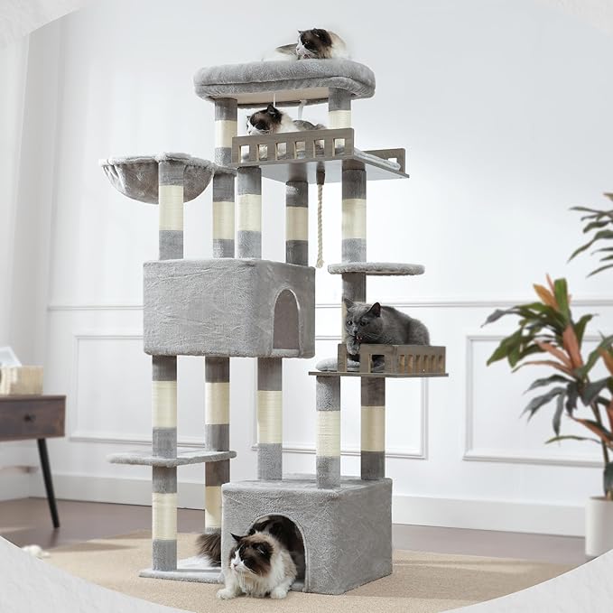 Maine Coon Cat Tree, Heavy Duty Cat Tree for Indoor Cats Large Adult, Cat Tower for Large Cats 20 lbs+ with Hammock, 2 Big Perches, 2 Cat Condos, 15 Scratching Posts, Light Gray GCT033W