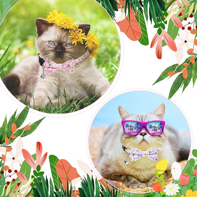 4 Pcs Breakaway Cat Collar with Bow Tie and Bell Floral Cat Kitten Collar with Removable Bowtie Adjustable Safety Collars for Girl Cats