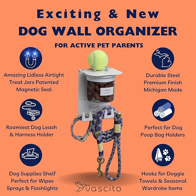 Dog Treat Holder For Wall Storage For Pets, Premium Pet Wall Organizer, Includes One 16oz Airtight Dog Treat Jar, 2 Sets of Triple Hooks, Sturdy Shelf in Designer White