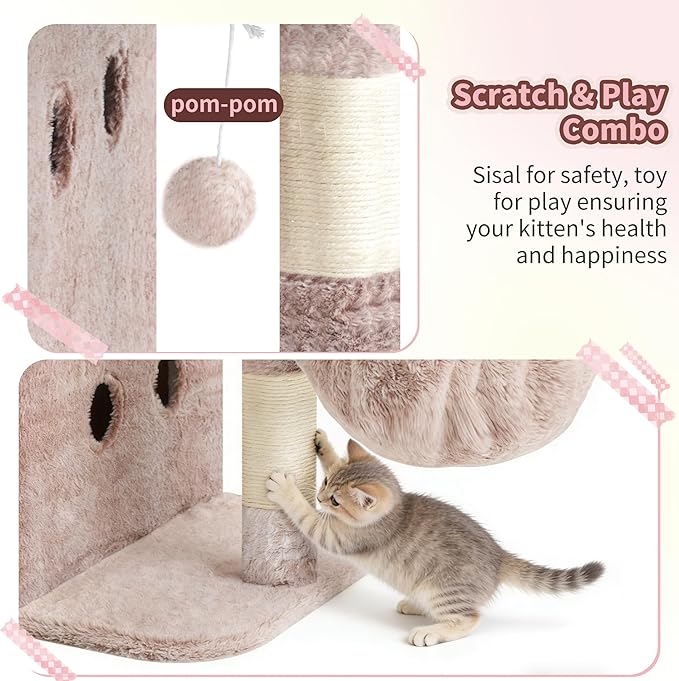 Heybly Cat Tree, 25.6-inch Cat Tower with Spacious Top Perch for Large Cats, Stair-Style Cat House Furniture with Dual-Layer Condos, Sisal Scratching Posts, Cozy Basket & Pompom, Muchroom HCT204SMU