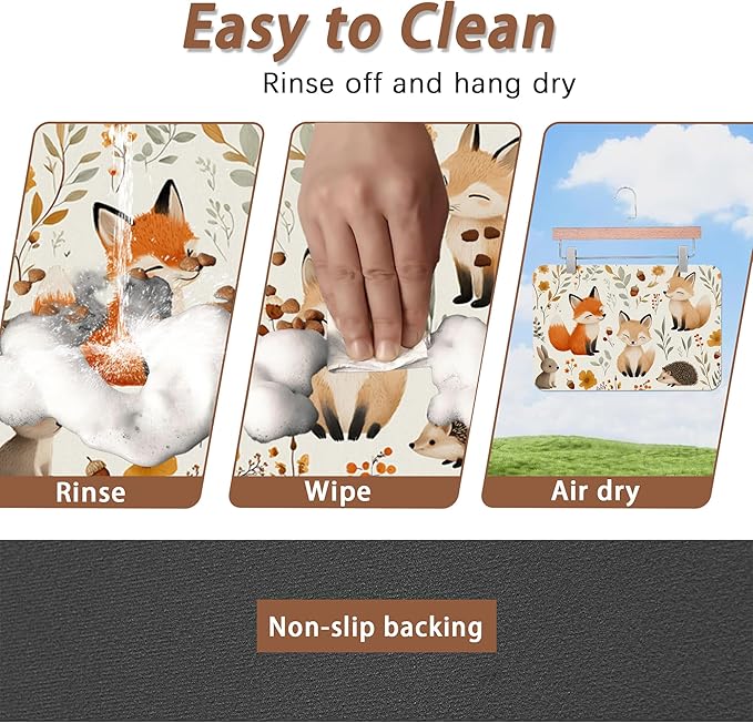 Fox Hedgehog Rabbit Forest Dog Cat Food Mat,Absorbent Pet Feeding Mat with Rubber Backing,Non-Slip Water Bowl Placemat,Indoor Pet Accessories Supplies 12"x20"