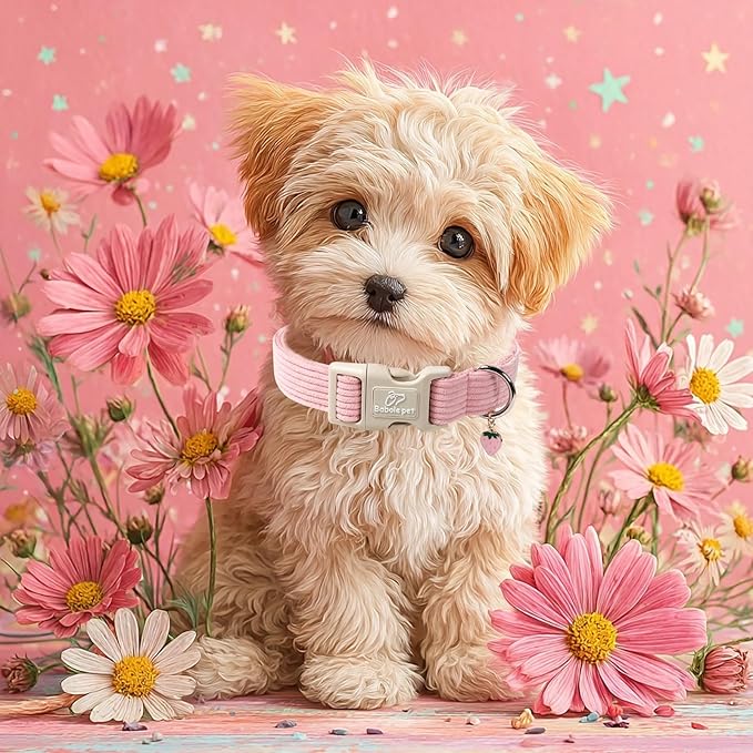 Cute Corduroy Dog Collar - Pink Adjustable Dog Collars for Large Dogs 50-80lbs, Fade-Proof with Secure Snap & Little Charm, Christmas Birthday Gift, L