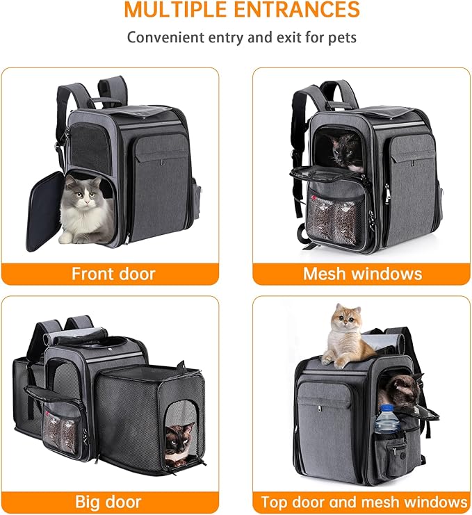 Cat Backpack Carrier,Double Side Expandable Cat Carrier Backpack,Dog Carrier Backpack for Medium Cats and Small Dogs,Puppies Up to 20 Lbs,Pets Carrier Backpack with Breathable Mesh(Grey)