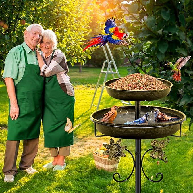 Daoeny Bird Bath for Outside, 42In Vintage Freestanding Birdbaths for Outdoors, Double Metal Bird Bath Feeder Bowls for Garden Patio Yard Lawn Decor, Upgraded 5-Pronged Base (Antique Golden)