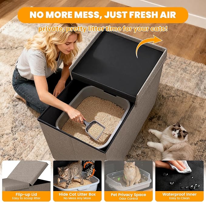3-in-1 Cat Litter Box Enclosure with Odor Control, Multi-Functional Hidden Litter Box Furniture Bench, Dog Proof, Space-Saving Ottoman Cabinet with Flip-Up Lid, Storage Footrest, Light Grey