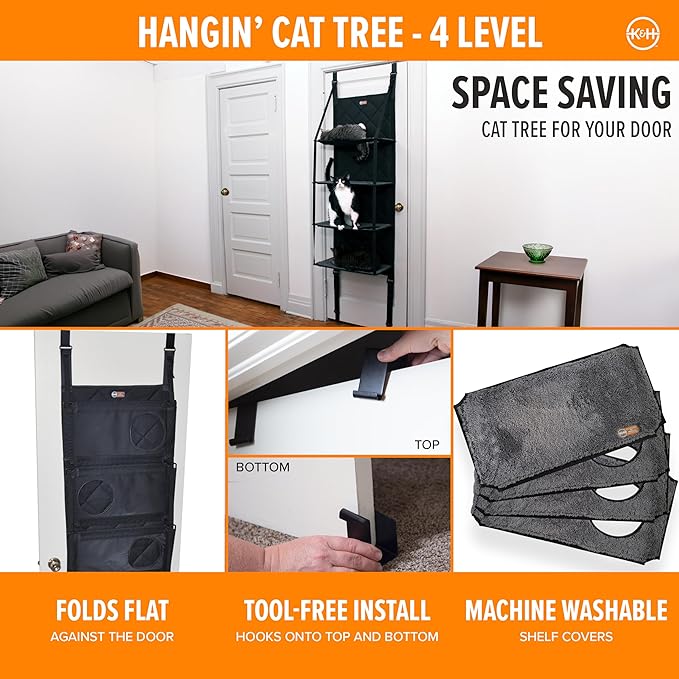 K&H Pet Products Hangin Cat Tree Door Mounted Cat Furniture, Space Saving Multi-Level Wall Perch Hammock Bed, Interconnecting Levels, Collapsible, Tool-Free Assembly - Gray - Fits Doors <80in H