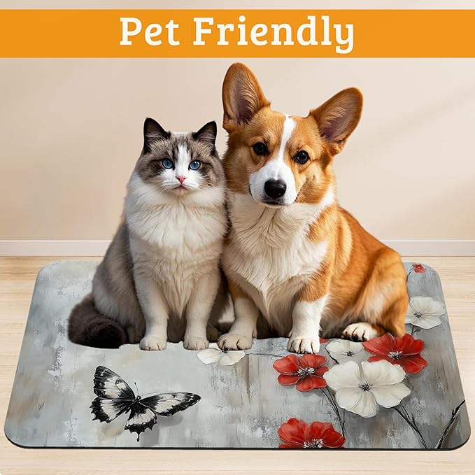 ButterflyFlowers Dog Cat Food Mat,Red White Absorbent Waterproof Placemat for Food and Water Non Slip Rubber Backing Durable Feeding Pad for Clean Floors 16" x 24"