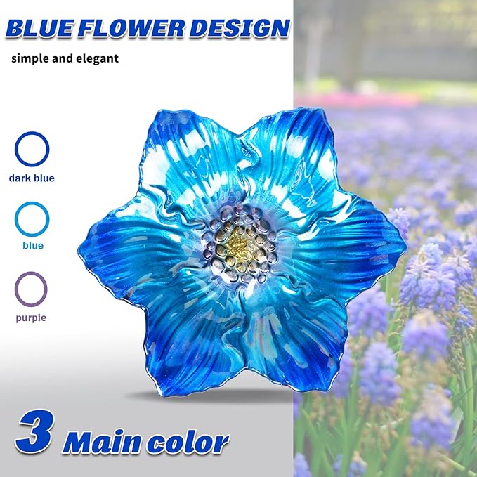 MUMTOP Bird Baths for Outdoors Glass Bird Bath Bowl Outdoor Bird Feeder Flower Pattern with Metal Stake for Garden, Yard and Lawn Decor(Blue)