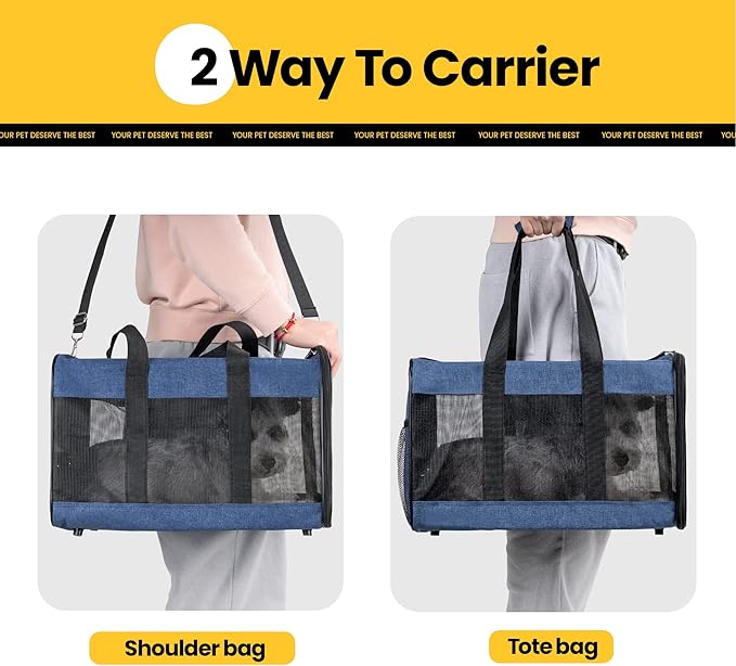 Cat Carrier Airline Approved, Soft-Sided Dog Carrier with Inner Safety Leash, Pet Transport Carrier for Small-Medium Cats Puppies up to 15 Lbs, Collapsible Travel Kitten Carrier Bag -Blue M