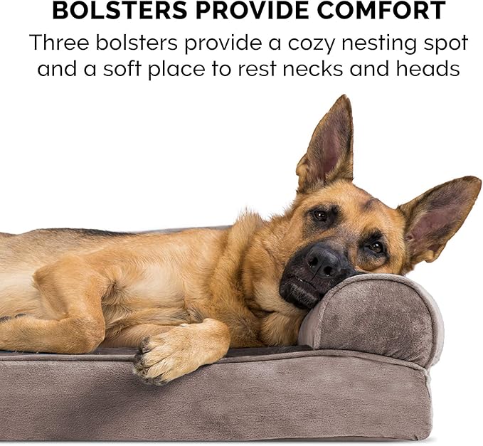 Furhaven Orthopedic Dog Bed for Medium/Small Dogs w/ Removable Bolsters & Washable Cover, For Dogs Up to 35 lbs - Faux Fur & Velvet Sofa - Driftwood Brown, Medium