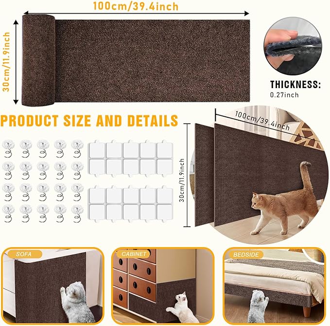 Cat Scratch Mat, 3PCS 39.4"x11.9" DIY Trimmable Self-Adhesive Cats Scratching Mat, Couch Protector from Cats Claw, Cat Scratch Furniture Protector Or Couch Protector (Brown)
