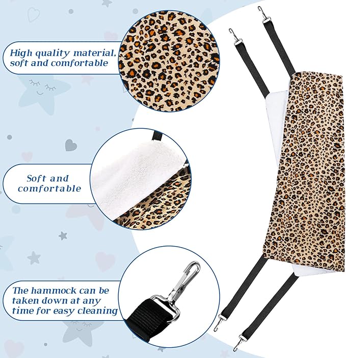 Jetec 2 Pack Cat Hammock for Cage, Catio Accessories Reversible Soft Cats Bed with Adjustable Straps and Hooks Double-Sided Linen and Fleece Hanging Hammock for Cats, Kitten(Leopard and Dot,L)