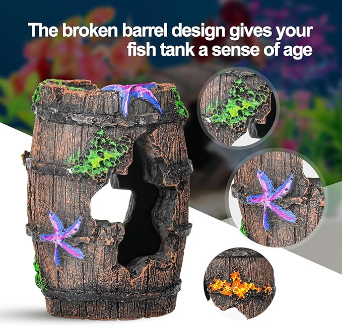 CousDUoBe Fish Broken Barrel Decor Fish Tank Decorations Betta Fish Tank Accessories,Starfish Barrel x 1pc, Aquarium Plants x 11pcs