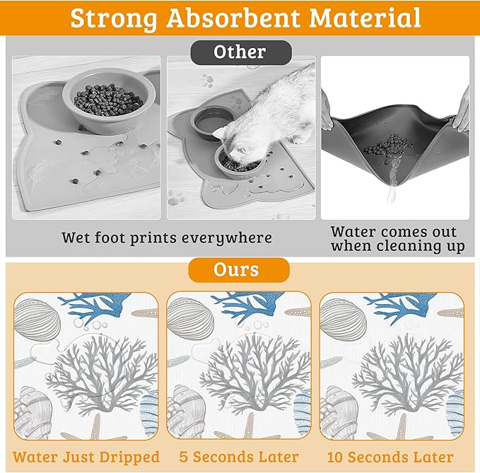 Seashell Beach Feeding Mat,Coral Starfish Absorbent Quick-Dry Cat Dog Food and Water Bowl Mats,Non-Slip Rubber Backing Mat,Cat Dog Accessories Supplies 12" x 20"